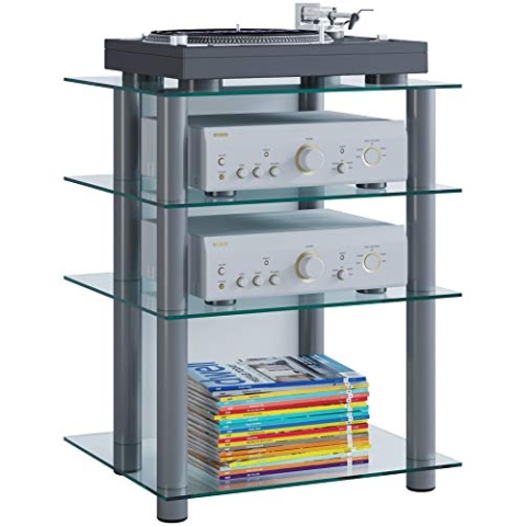 VCM HiFi Möbel | Rack Schrank Phono Regal | Alusäulen | ESG-Glasböden | Maße: H. 70 x B. 59 x T. 48 cm | Phono Mediaregal - Bilus Klarglas