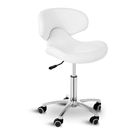 Physa Andria White Rollhocker mit Lehne Arbeitshocker mit Rollen höhenverstellbar Sitzhocker mit Rückenlehne (weiß, polierter Stahl, PVC-Bezug, 360° drehbare Rollen, Variable Sitzhöhe)