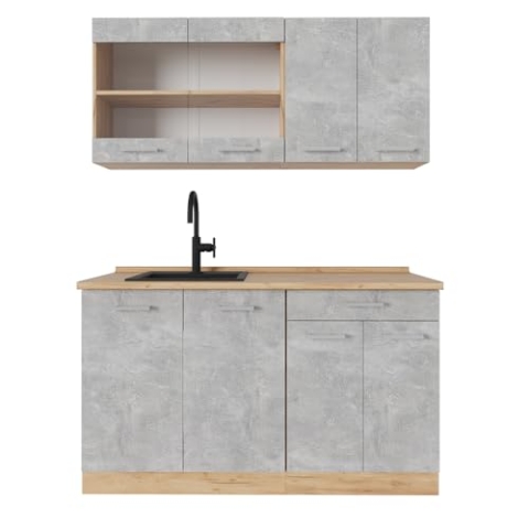 Vicco Küchenzeile R-Line, Küchenzeile Single, Beton/Goldkraft Eiche, 140 cm, AP Eiche