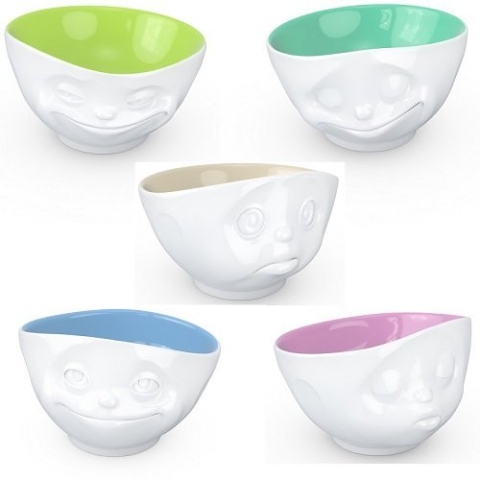 Fiftyeight Müslischalenset 5tlg innen farbig 500ml GRINSEND, GLÜCKLICH, SCHMOLLEND, KÜSSEND, VERKNALLT