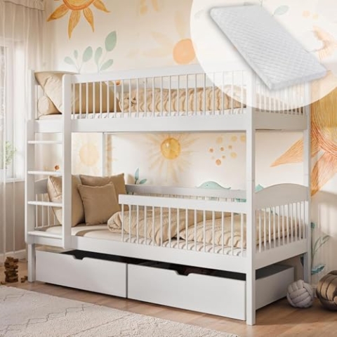 Kids Collective Hochbett Kinder, Etagenbett, Kinderbett | Inkl. 2 Matratzen, 2 Schubladen, sicher & funktional | Größen: 80x180, 90x190, 90x200 cm | 80x180 cm von 3. bis 12. Lebensjahr | Weiß