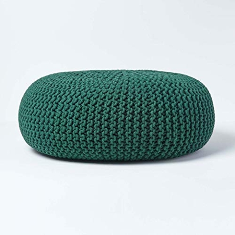 Homescapes Pouf Strickpouf rundes Bodenkissen, Sitzpouf 70 x 23 cm, gepolsterter Sitzhocker, Sitzpuff/Puff mit grob gestricktem Bezug aus 100% Baumwolle, Strickpuff, grün/tannengrün