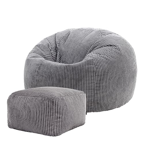 Icon Kingston Sitzsack mit Hocker Cord, Dunkelgrau, Sitzsack Erwachsene mit Füllung, Bean Bag, Cord Sessel, Lounge Sessel, Lounge Stuhl, Schlafzimmer, Wohnzimmer, Wohnzimmer Möbel