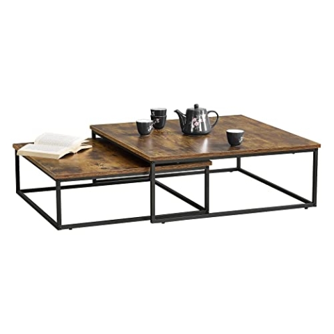 [en.casa] Couchtischset Haninge 2er Set Sofatische Wohnzimmertische 2-TLG. Stahlgestell Dunkler Holzton