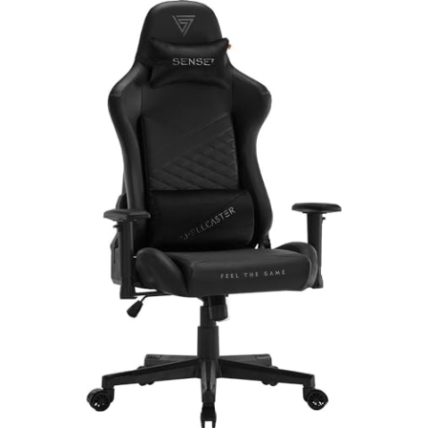 SENSE7 Gaming Stuhl Spellcaster Senshi Edition, ergonomischer Gaming Sessel, verstellbaren Lendenkissen Einstellbarer Neigungswinkel, Wippfunktion, PU-Leder Gaming Chair, 150kg, PC Stuhl Schwarz