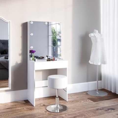 Vicco Schminktisch Melle, Kosmetiktisch mit Spiegel, Weiß, 68 cm mit LED Beleuchtung und Hocker