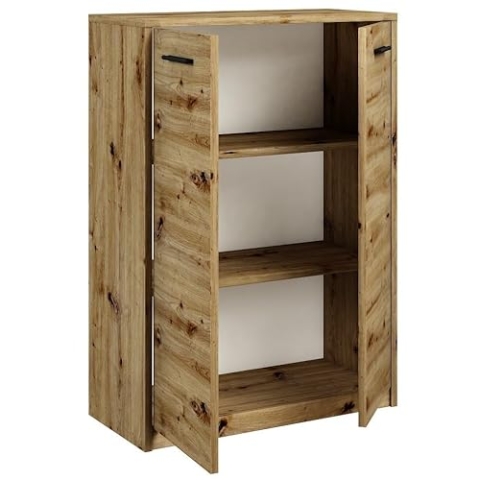 MATKAM Bürokommode 2D2P 2-türig, H/B/T 108 x 77 x 35 cm, mit Zwei Innenregalen (Abstand 31,7 cm, passend für einen Standard-Ordner), Griffe in Metall-Optik. Scharniere aus Metall (Artisan Eiche)