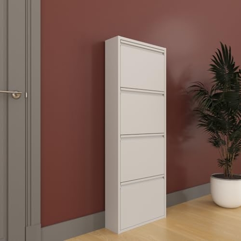 furni24 Schuhschrank Schmal – Platzsparender Metall-Schuhschrank mit Magnetklappen, Platz für 8-12 Paar Schuhe, Robuster Hoher Schuhschrank, Wandmontierbar und Vormontiert - 4 Klappen, Grau
