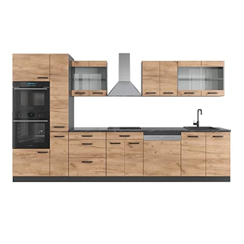 Vicco Küchenzeile R-Line, Goldkraft Eiche/Anthrazit, 350 cm mit Hochschrank, ohne Arbeitsplatte