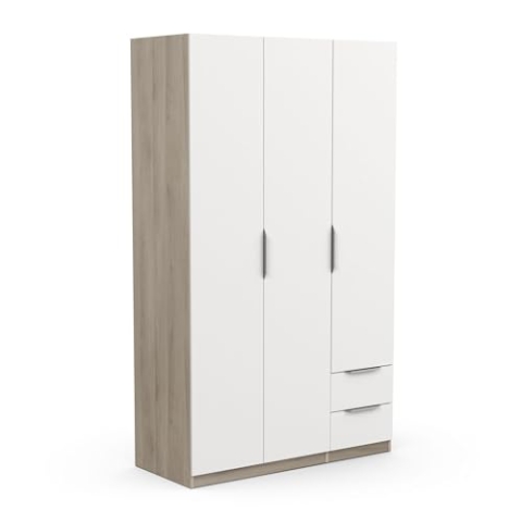 Demeyere Armoire Dressing Avec Penderie Moderne 3 Portes 2 Tiroirs 4 Niches – Coloris Chêne Kronberg & Blanc Mat - 119,4 x 51,1 x 203 cm