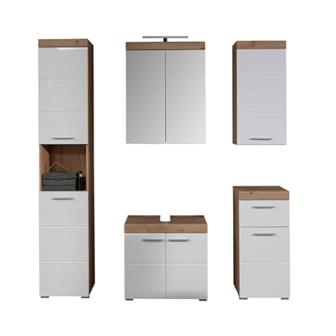 trendteam smart living - 5-teiliges Bad-Set inkl. Beleuchtung - Bad - Amanda - Aufbaumaß (BxHxT) 163 x 190 x 34 cm - Farbe Weiß Hochglanz mit Artisan Eiche - 139390307
