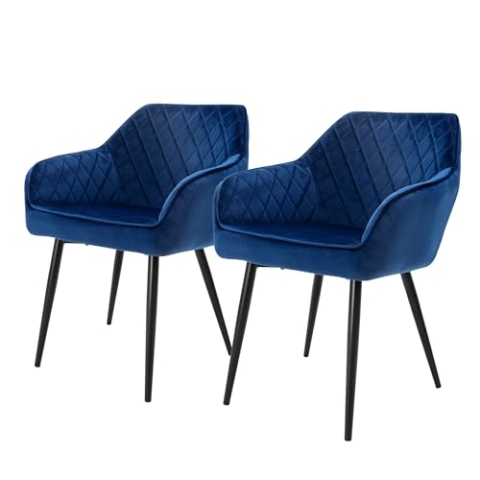 ML-Design 2er Set Esszimmerstühle mit Armlehne und Rückenlehne, Dunkelblau, Küchenstuhl mit Samtbezug, Polsterstuhl mit Metallbeinen, Ergonomischer Stuhl für Esstisch, Esszimmerstuhl Wohnzimmerstuhl