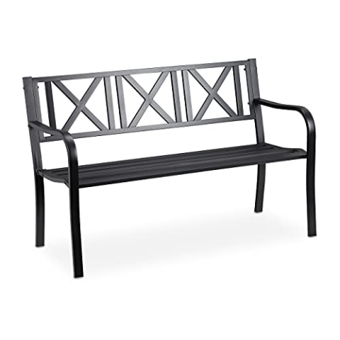 Relaxdays Gartenbank, 2 Sitzer, Terrasse, Balkon, Stahl, stabile Garten Sitzbank, HxBxT: 80,5 x 127 x 63 cm, schwarz