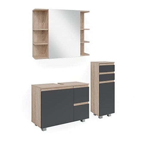 Vicco Badmöbel-Set J-Shape, Badezimmerschrank-Set, Sonoma/Anthrazit, 3 Teile, mit Midischrank
