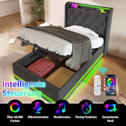OKYION Boxspringbett Hydraulisches 90 x 200 cm mit LED-Beleuchtung(Drucktaste/App/Fernbedienung,), Polsterbett Funktionelles mit USB&Typ-C-Ladeanschluss, Leinen Grau(Ohne Matratze)