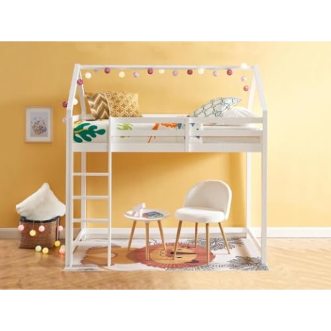 Vente-unique-Hochbett Hausbett - Kiefernholz - 90 x 190 cm - Weiß - TARZIA