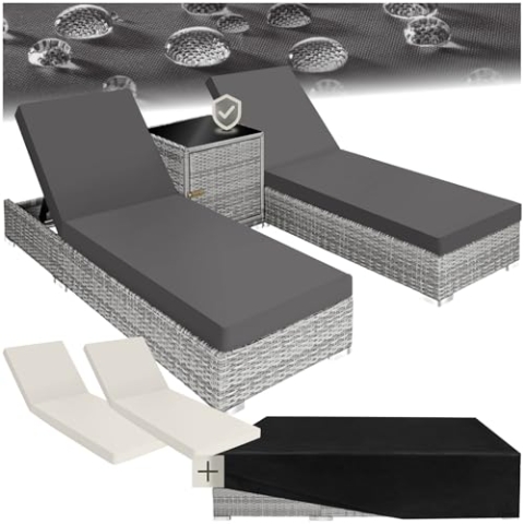 tectake® 2er Lounge Sonnenliegen Set Plus Tisch – inkl. 2 Bezugsets und Schutzhülle, Outdoor Poly Rattan Gartenmöbel Set, 2er Set - hellgrau