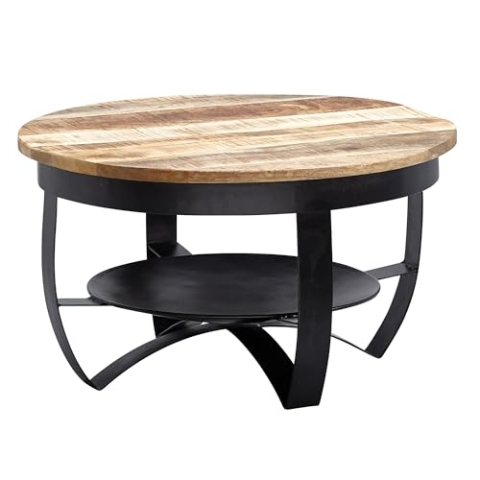 Wohnling Couchtisch 60x34x60 cm Mango Massivholz/Metall Industrial Schwarz Rund, Sofatisch Wohnzimmertisch Massiv, Kleiner Tisch Salontisch Wohnzimmer