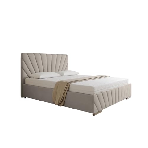 PANDA MÖBEL Polsterbett 160x200 cm - RAY Kollektion - Modern Doppelbett mit hochwertiger Taschenfederkernmatratze Pocket - Polsterbett mit Bettkasten für Schlafzimmer - Beige