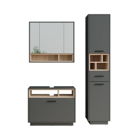 Vicco Badmöbel-Set Beatrice, Anthrazit/Sonoma, 3 Teile mit Hochschrank