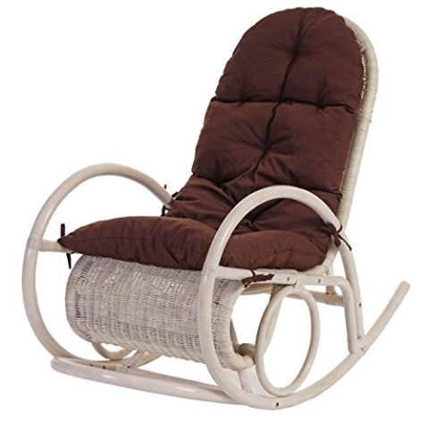 Mendler Schaukelstuhl Esmeraldas, Schwingsessel Rattansessel, weiß - Auflage braun