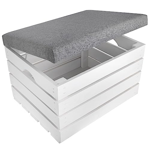 Creative Deco Gepolsterter Sitzhocker mit Stauraum Weiß | 50x40 x35cm | Sitzbank mit Stauraum | Sitztruhe Holz | Sitzbox Polsterhocker | Holzhocker | Aufbewahrungsbox Decken Kissen Bücher Spielzeug