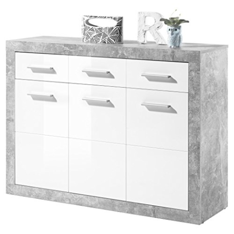 STONE Sideboard in Beton Optik, Weiß Hochglanz - Moderne Kommode mit Schubladen und viel Stauraum - 117 x 88 x 37 cm (B/H/T)