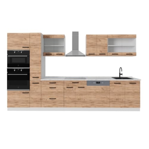 Vicco Küchenzeile R-Line, Küchenblock, Goldkraft Eiche/Weiß, 350 cm AP Marmor