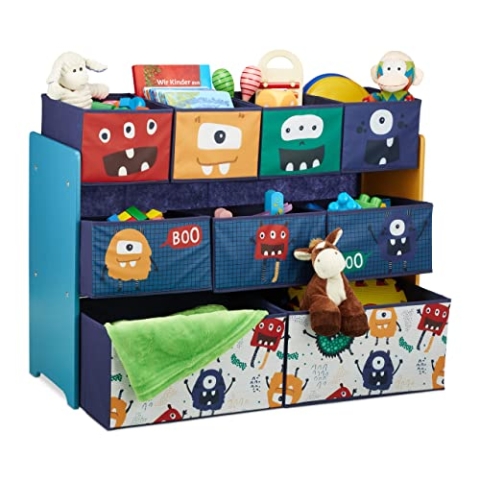 Relaxdays Kinderregal mit 9 Stoffboxen, Monster Design, HxBxT: 70 x 92,5 30 cm, Spielzeugregal fürs Kinderzimmer, bunt, Dunkelblau, Türkis, Orange