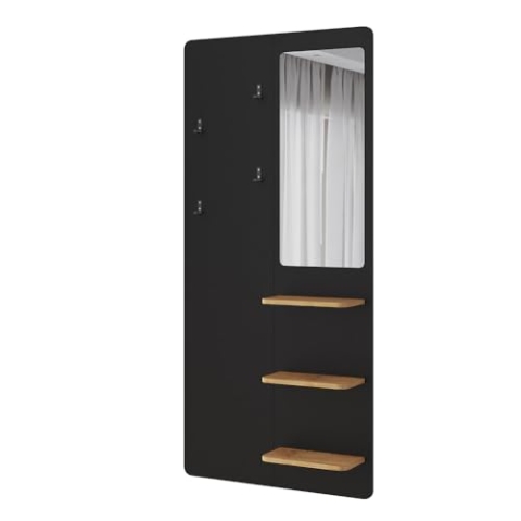 Vicco Wandgarderobe Jochen, Garderobe mit Haken, Schwarz/Eiche, 70 x 150 cm mit Spiegel
