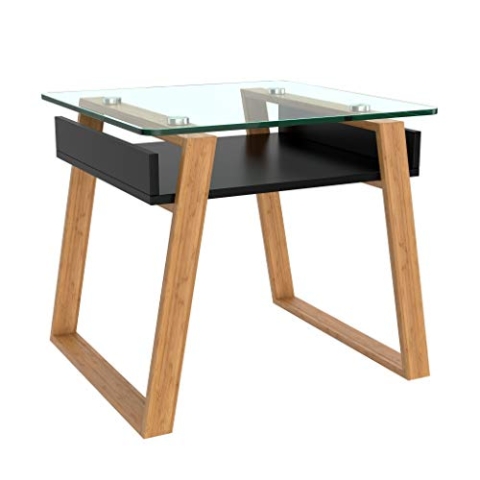 bonVIVO Pablo, Moderner Beistelltisch Für Wohnzimmer, Designer Beistelltisch Mit Glas-Platte Und Holzgestell, Beistelltisch Eckig Mit Ablagefläche In Schwarz
