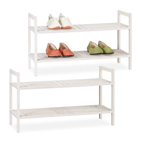 Relaxdays 2 x Schuhregal stapelbar, Schuhablage mit je 2 Etagen, Walnuss, Landhaus, bis zu je 6 Paar Schuhe, HBT 41x69x27 cm, weiß