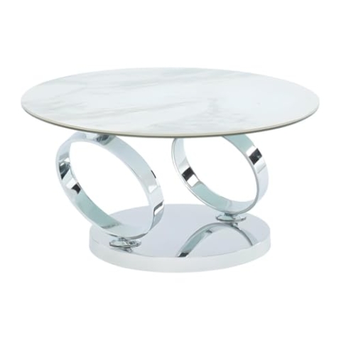 Vente-unique-Couchtisch mit drehbaren Tischplatten - Keramik & Glas - Weiß mit Marmor-Effekt - Joline