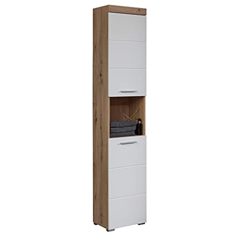 trendteam smart living - Amanda - Hochschrank - Eiche/Weiß Hochglanz - Badezimmerschrank mit 2 höhenverstellbaren Einlegeböden - (BxHxT) 37 x 190 x 31 cm - Badschrank mit 4 Fächern und Einer Ablage