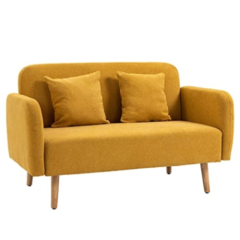 HOMCOM 2 Sitzer Sofa, Couch mit 2 Wurfkissen, gepolsterter Doppelsofa, Polstersofa mit Samtopik, Armlehne, Loveseat für Wohnzimmer, Schlafzimmer, 130 x 70 x 80 cm, Gelb