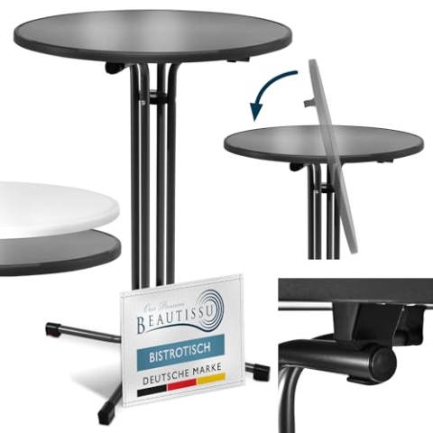 Beautissu Stehtisch klappbar 70 cm Schwarz Bellini – Kratzfest Stabil Wetterbeständig – Stehtische Outdoor Bistrotisch Rund Montage leicht Halterung vormontiert– Biertisch Partytisch Klappbar Bartisch