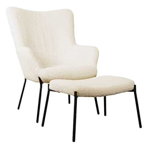 Happy Garden Relaxsessel mit Fußstütze EIRA, ecrufarbener Bouclé-Stoff, Schaffelleffekt, Metallgestell
