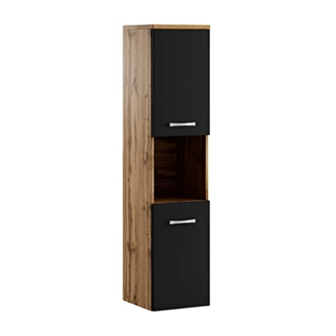 Badezimmer Schrank Montreal 131 cm Eiche mit mat Schwarz – Regel Schrank Hochschrank Schrank Möbel Badschrank