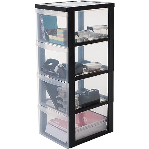 Iris Ohyama Kunststoff-Schubladenbox mit Rollen, 4 tiefen Schubladen, Schwarz, Griffe zum Ziehen, Für Schlafzimmer, Bad, Schule & Büro, BPA-frei, Schubladenschrank, Rollcontainer, A4 Drawer, DC-304