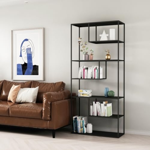 [en.casa] Standregal Vehmaa Bücherregal mit 6 offenen Fächern 85 x 35 x 188 cm Metallregal für Wohnzimmer Schlafzimmer Schwarz Regal stehend