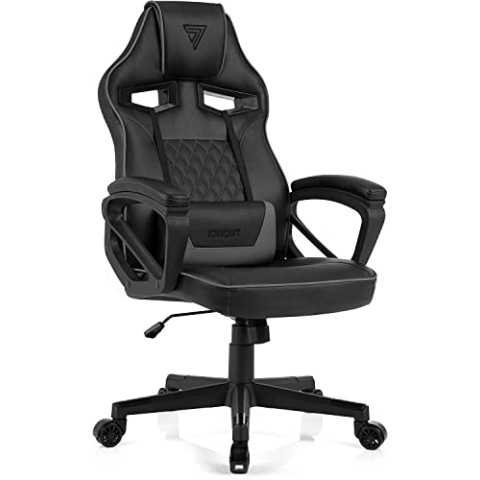 SENSE7 Gaming Stuhl Knight, ergonomischer Gaming Sessel mit verstellbaren Lendenkissen, Gaming Chair mit Wippfunktion, Gepolsterte Armlehnen, PU-Leder Bürostuhl bis 120kg, PC Stuhl Schwarz-Grau