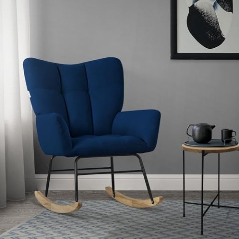 ML-Design Schaukelsessel Dunkelblau, Schaukelstuhl Frottee-Optik Bezug, Gepolsterter Schwingsessel mit Holzkufen, Relaxsessel mit Armlehnen für Wohnzimmer/Schlafzimmer/Balkon, Relaxstuhl Ohrensessel