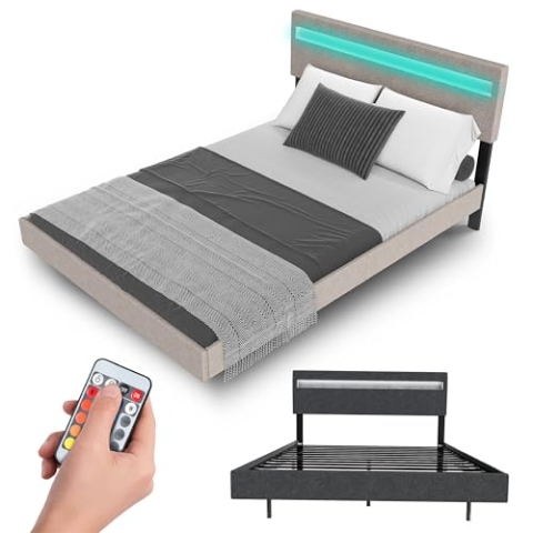 Juskys Schwebebett Lissabon 140x200 cm beige - Polsterbett mit LED, Lattenrost und Kopfstütze - Modernes Doppelbett aus Holz und Leinen