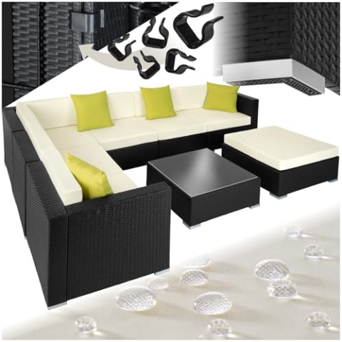 tectake® Poly Rattan Lounge, Garten Loungemöbel Set für 6 Personen, große Sitzgruppe mit L-Form Sofa und Esstisch Outdoor, Gartenmöbel wetterfest, Terrassenmöbel inkl. Hocker und Kissen - schwarz