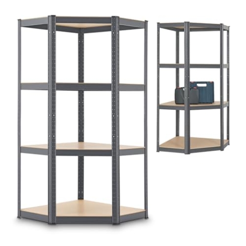 Juskys Eckregal Lageregal Corner Easy 160 x 75 x 40-75 cm - 320 kg, 4 Böden MDF Holz - Metall verzinkt - Schwerlastregal Steckregal Kellerregal Grau