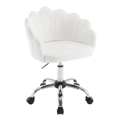 WOLTU Homeoffice Stuhl, Schreibtischstuhl Schminkstuhl ergonomisch, Samt Stuhl mit Blütenblatt-Rückenlehne, Drehstuhl mit Rollen, Sessel höhenverstellbar, mit Metallrahmen, Cremeweiß BS152cm