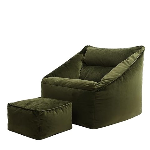 Icon Natalia Sitzsack Sessel mit Hocker für Erwachsene, Olivgrün, Flauschiger Samtstoff, Riesen Sitzsack Samt mit Füllung, Bean Bag Chair, Bequemer Sessel Wohnzimmer, Lounge, Schlafzimmer, Büro