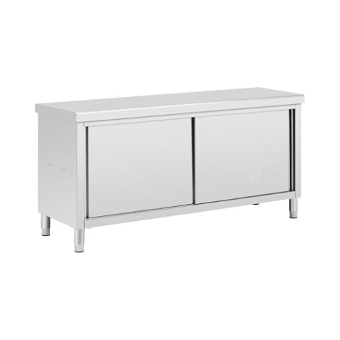 Royal Catering Edelstahl-Arbeitsschrank mit Durchreiche 180 x 60 cm 1 Einlegeboden 500 kg max. Tragkraft verstärkte Oberfläche höhenverstellbare Füße Durchreicheschrank Edelstahlschrank Gastro