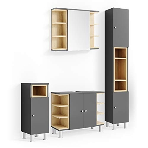 Vicco Badmöbel-Set Aquis, Badezimmerschrank-Set, Anthrazit/Eiche, 4 Teile