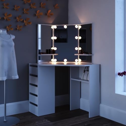 Vicco Frisiertisch für die Ecke Arielle, Weiß, 110 cm mit LED Beleuchtung